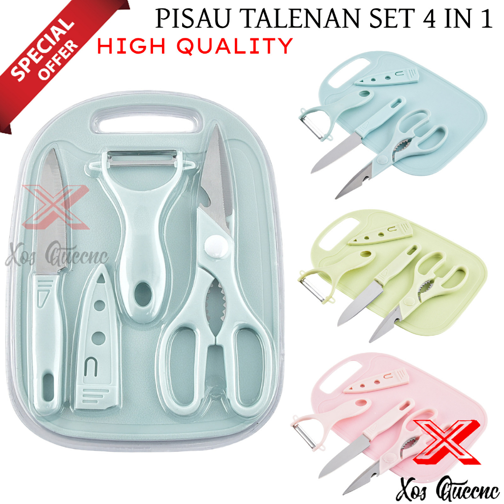 [XOQ] PISAU SET DAPUR TALENAN 4 IN 1 / PISAU SET DENGAN GUNTING / PISAU BUAH DAPUR / PEELER / PENGUPAS KULIT BUAH / PISAU DENGAN GUNTING SET LENGKAP