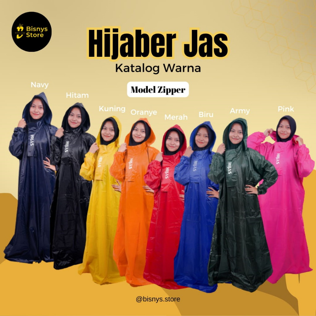 HIJAS Hijaber Jas Hujan - Model Zipper - Semua Warna  | Sleting & Velcro Resleting Hijab Gamis Kekin