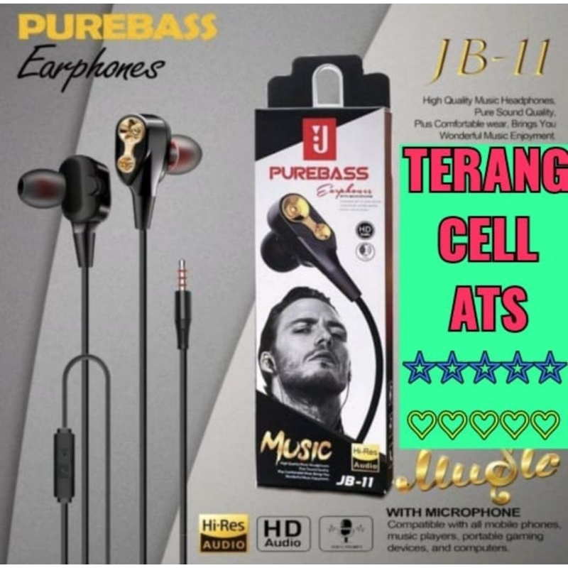 HF HEADSET JB-11 J PURE BASS STEREO EARPHONE HIGH PERFORMANCE IN-EAR EARPHONES HI-RES AUDIO COMPATIBLE WITH ALL MOBILE PHONES, MUSIC PLAYERS, PORTABLE GAMING DEVICES, AND COMPUTERS, MEREK TIDAK ADA MEREK, TIPE KONEKSI KABEL, XTRA BASS JACK EARPHONE