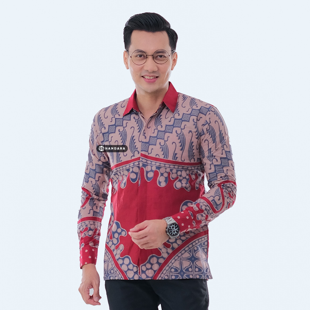 Baju Kemeja Batik Pria Lengan Panjang Slim Fit Premium Modern Full Furing Katun Halus Original Handara Motif Stella Merah Krem HB-286