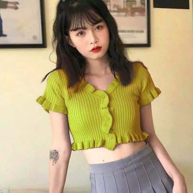 Knit Crop Top Korea Atasan Crop Kriwil Import