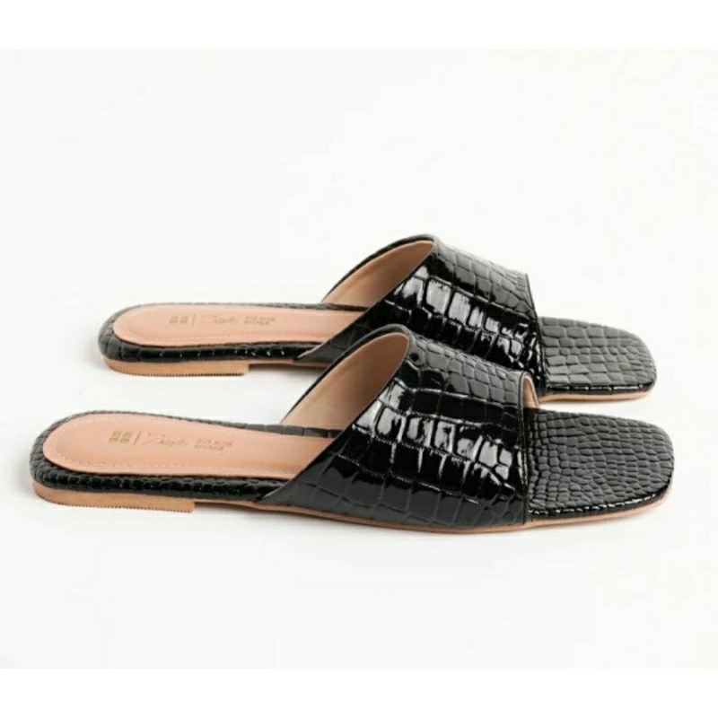 ALN-25 Croco Sandal Kulit Hitam Wanita Ukuran Besar 41-45 Sendal Kulit Kasual JUMBO Bule Luar Negri Hitam, 42