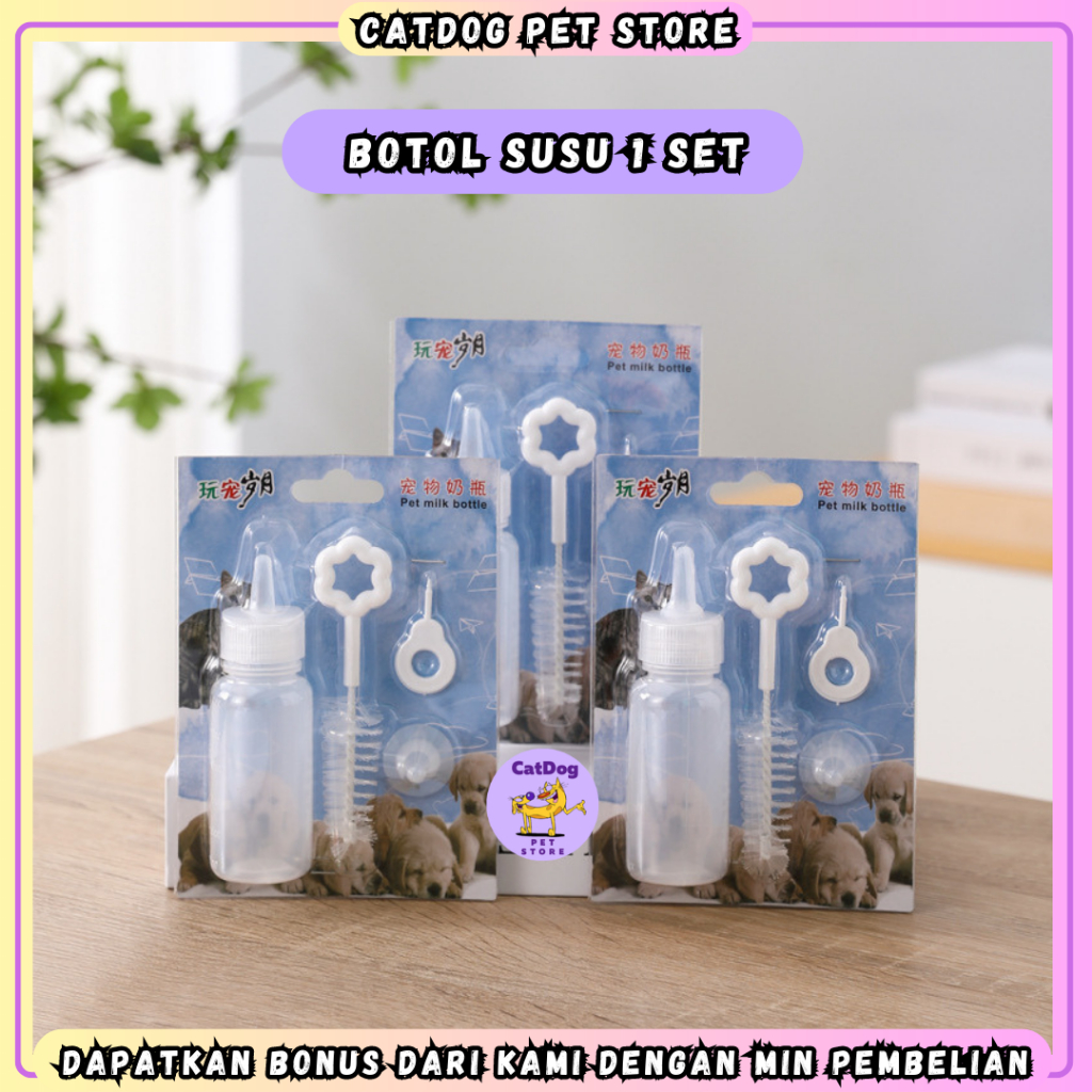 Botol Susu Dot Kucing 1 set dengan Pembersih / Botol Susu Dot Bayi Kucing Kitten Puppy / Botol Takar