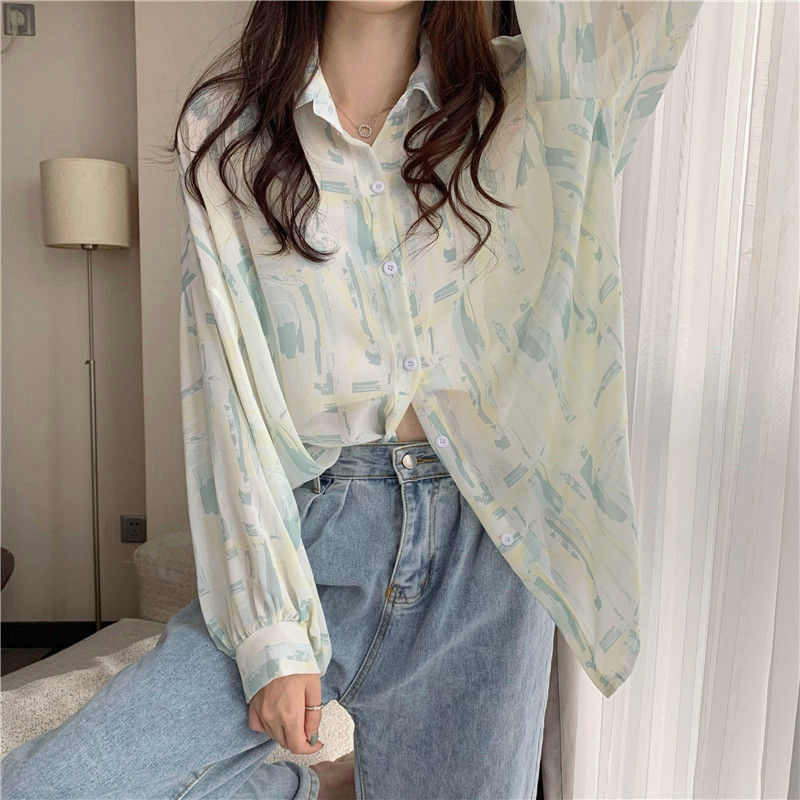 yikoo-Oversize kemeja korea bermotif shirt atasan blouse wanita big size