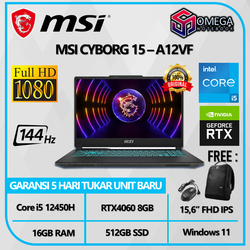 Laptop MSI CYBORG 15 A12VF RTX4060 8GB i5 12450H 16GB 512GB 15,6 FHD 144Hz Windows 11