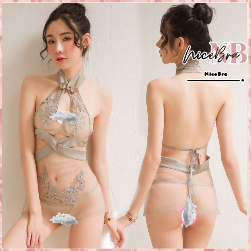 Nicebra Set Lingerie + G String Kerah Bordir Bunga Tanpa Lengan Cheongsam 3103