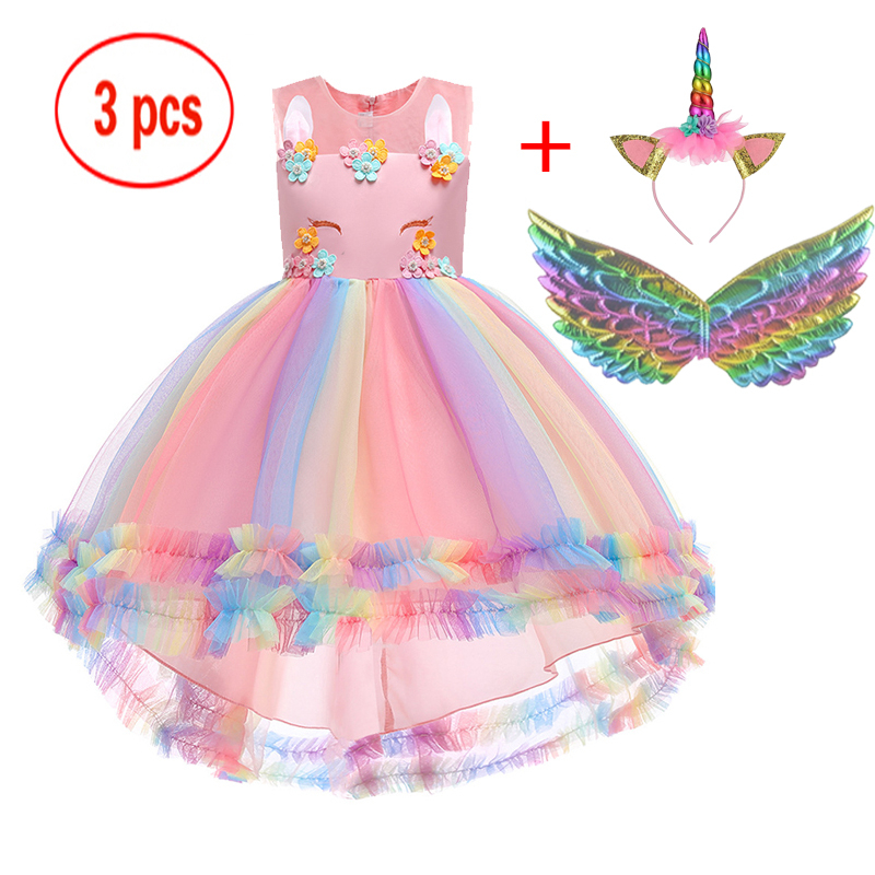 3-12 Tahun Anak Perempuan Ekor Panjang Unicorn Dress + Sayap + Headband 3PCS Set Bunga Pesta Pernikahan Elegan unicorn Kostum