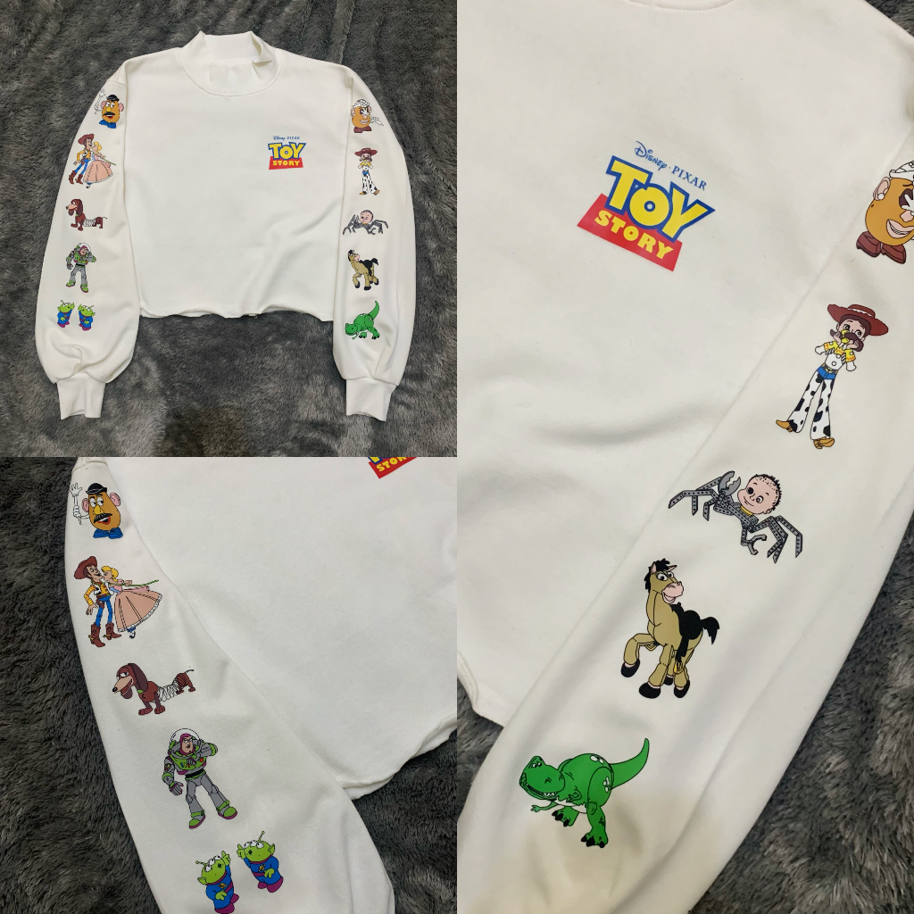 Crop Sweater TOY STORY HM Original White Lengan Balon Rempel Crewneck Crop Wanita soft cream