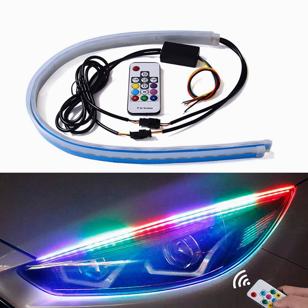 （Satu set =2 pcs dijual） Alis LED slim alis DRL fleksibel waterproof Transformasi warna-warni + kendali jarak jauh 12v 60cm 30cm 2 mode running motor mobil 2 MODE SEN RUNNING DAN SENJA Menjalankan Selamat Datang