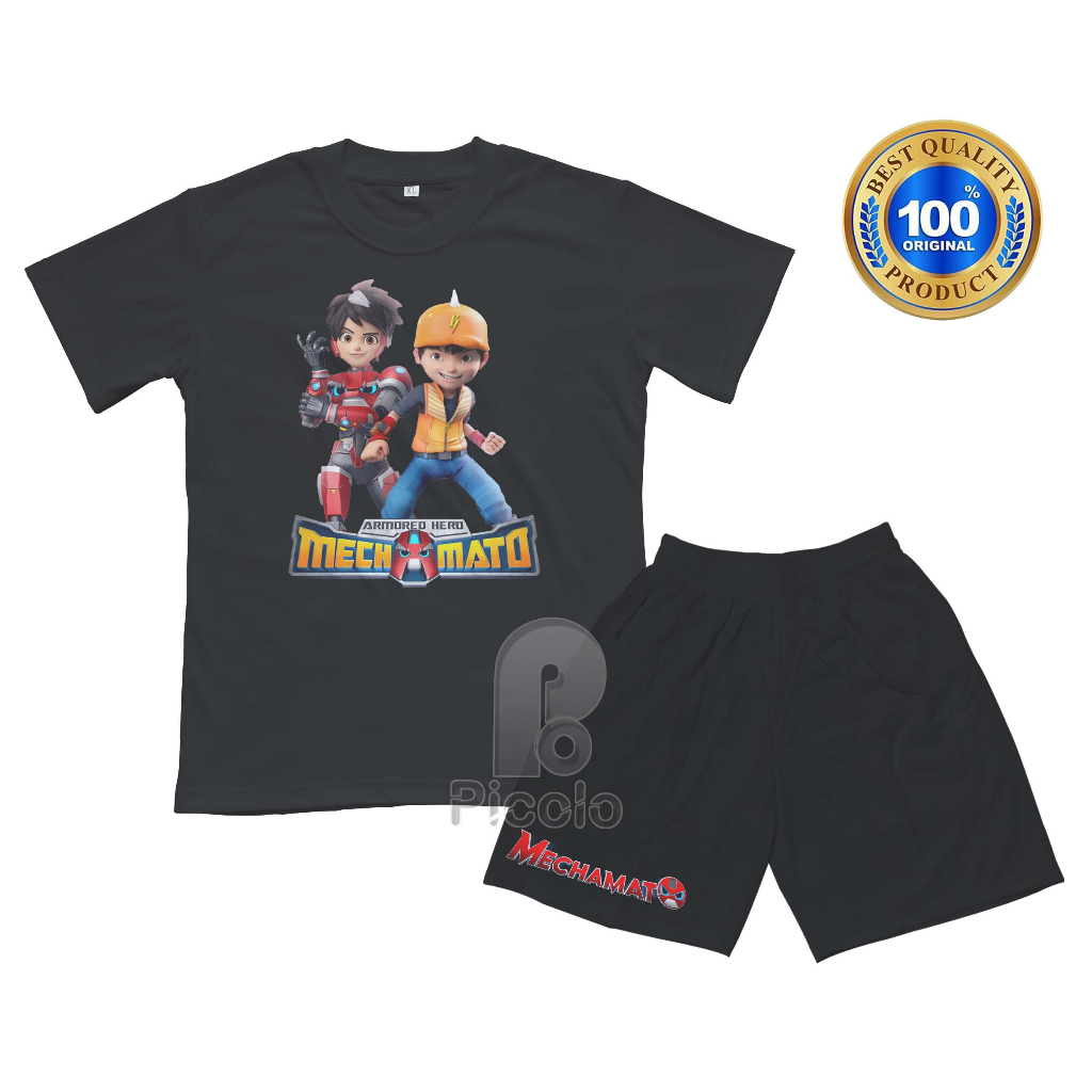 (FREE NAMA) BAJU KAOS SETELAN ANAK MOTIF KARAKTER KARTUN MECHAMATO X BOBOIBOY UNISEX