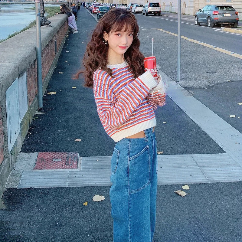 YIU YIU Rajut - Retro Sweater Crop Long Sleeve Import Stripes Baju Rajut Wanita Lengan Panjang