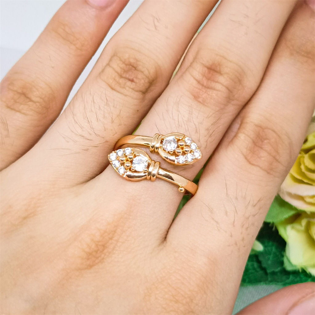 Rosegold Cincin Titanium Terbuka Kristal Lapis Emas Steel Mutiara Berlian Wanita Fashion Jewelry