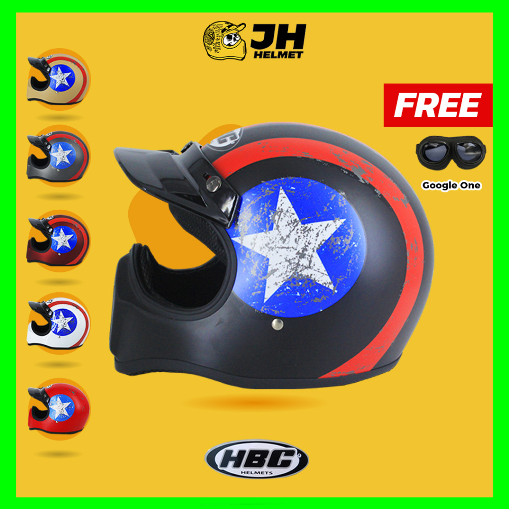 Helm Cakil HBC CAPTAIN AMERICA Retro Full Face + FREE (Helm HBC Cakil/Helm Retro/Helm Vespa/Helm Klasik)