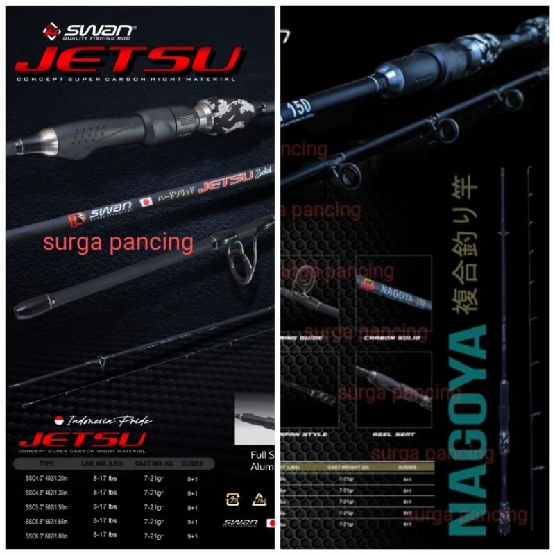 Joran pancing SWAN NAGOYA / JETSU / solid carbon / Japan style / cincin 9+1 / 120cm/135cm/150cm