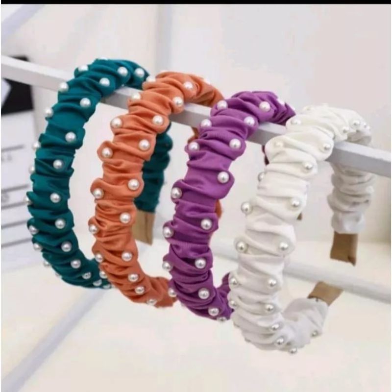 Bando Scrunchie Karet Mutiara Satin Pearl Fashion Nagita Headband