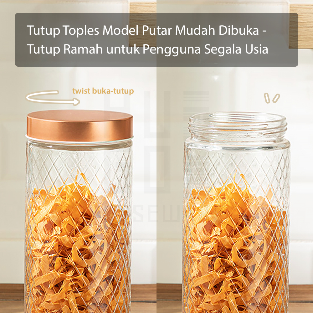 Toples Kaca Set 4 Pcs Toples Kue Kedap Udara Tutup Warna Rose Gold Premium Quality HUGO