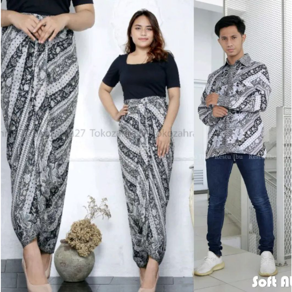 Couple Rok Lilit Dan Kemeja Batik Bahan Premium Tebal Motif Laras Abu