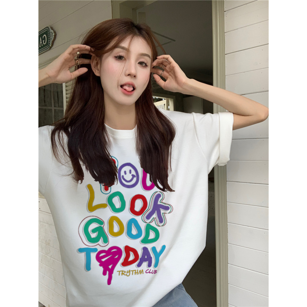 EUNII T-shirt Lengan Pendek Color You Look Good Today Korean Style/Kaos Atasan Wanita/Baju Kaus Oversize Wanita/Kaos Wanita