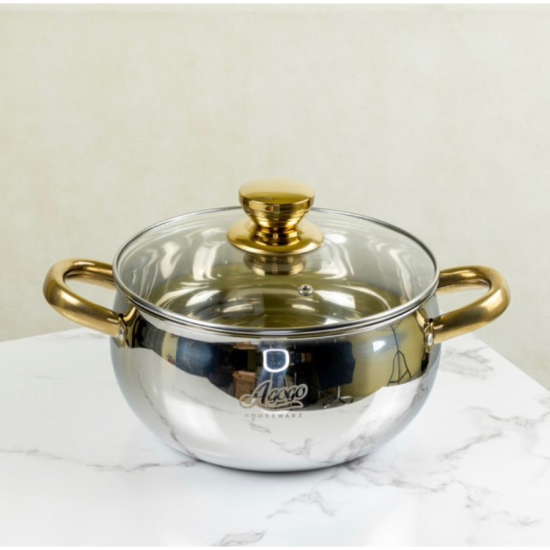 Soup Pot Agogo Gold 22cm / Panci Stainless Tutup Kaca AGOGO gagang Gold