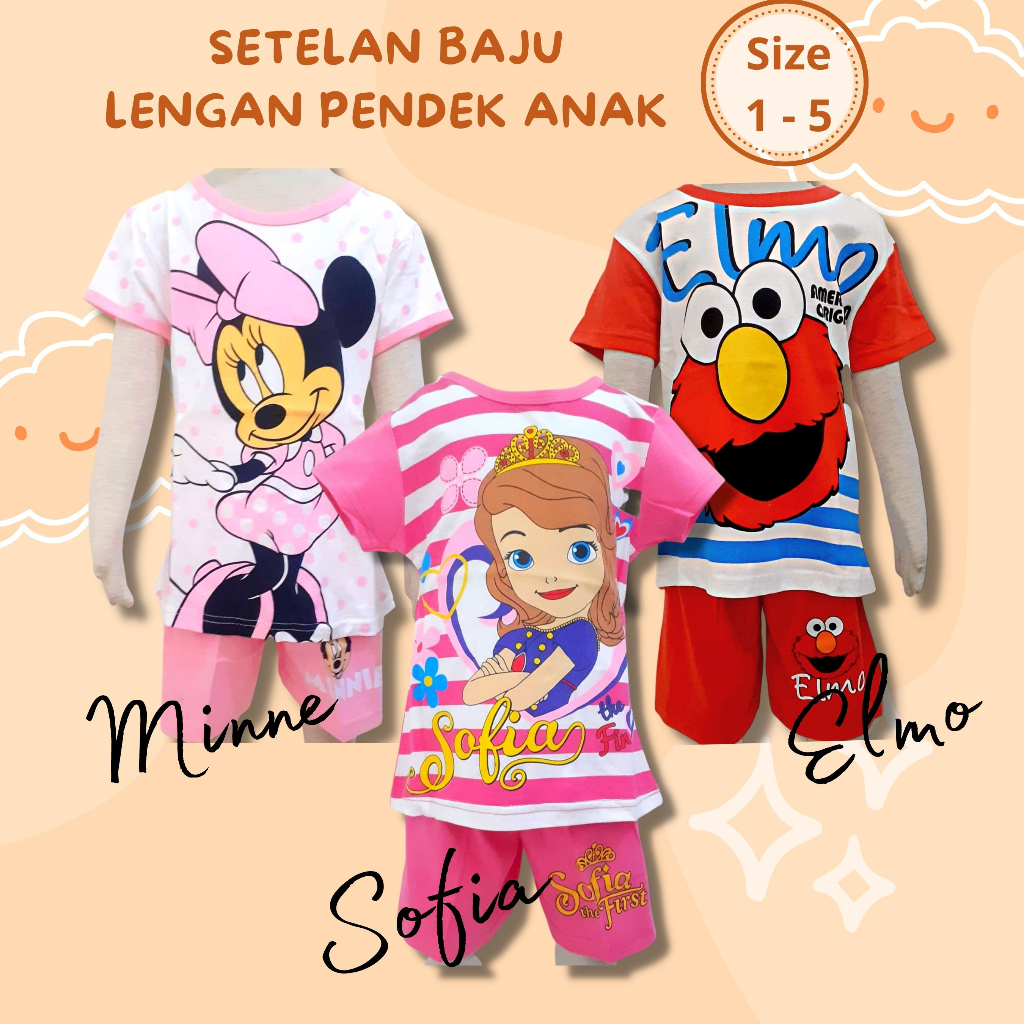 SETELAN Baju Lengan Pendek Celana Pendek Anak Cewek dan Cowok child's short suit BOY &amp; GIRL  Murmer Motif Sofia Minnie Pony Cars Elmo setelan baju celana