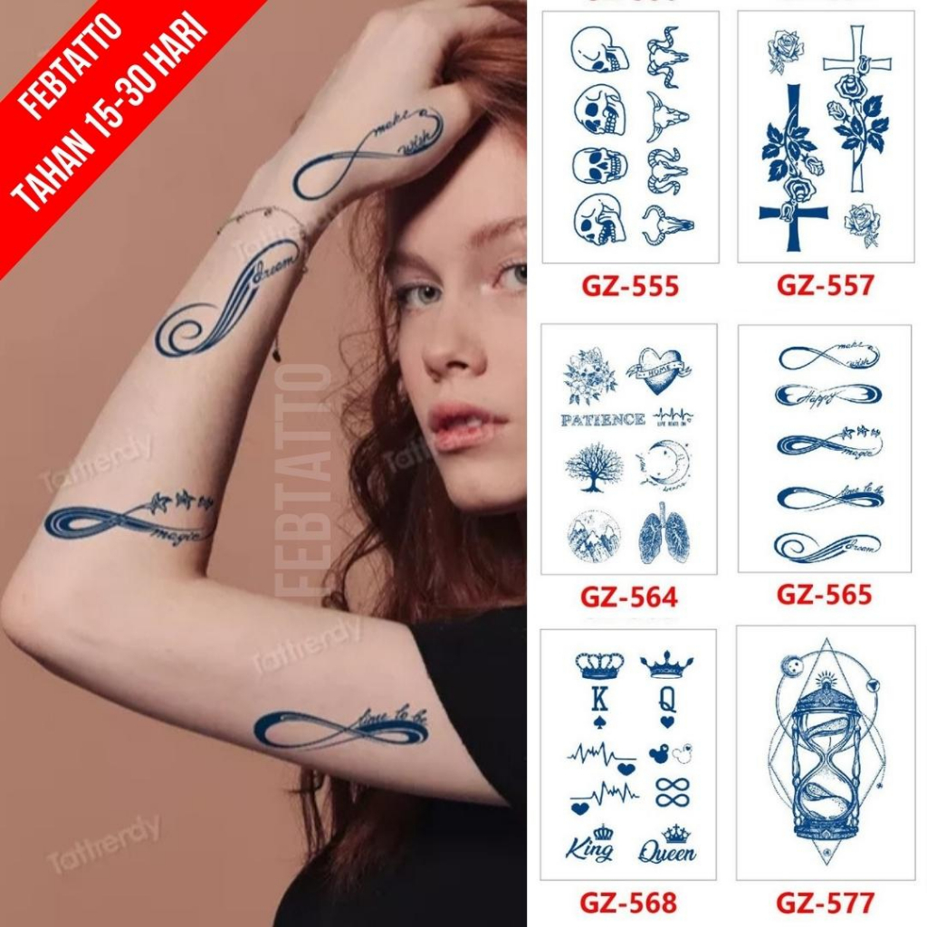 Tato Semi Pemanent Tahan 1 Bulan Ukuran 11cmx18cm Tato Lengan Tato Dada Tato tangan Tato Kaki Tato Jari  Motif Aesthetic Tatto Temporary Stiker Tato Halal Grosir Tato air motif jam pasir, king queen, bomer, love, salib, tengkorak, kepala kambing GZ 565