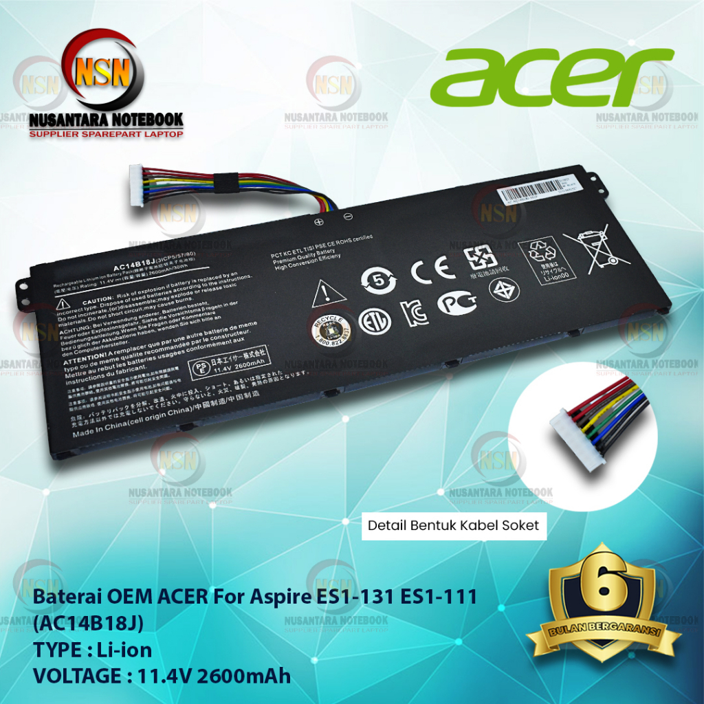 Baterai OEM Laptop Acer Aspire E3 E3-111 E3-371 V3-111 ES1-111 ES1-511 11.4V 2600mAh AC14B18J