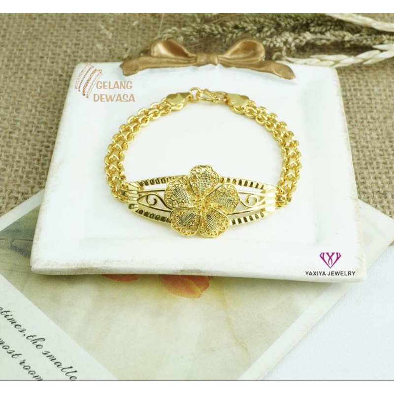 Gelang titanium tikar plat mawar lapis emas