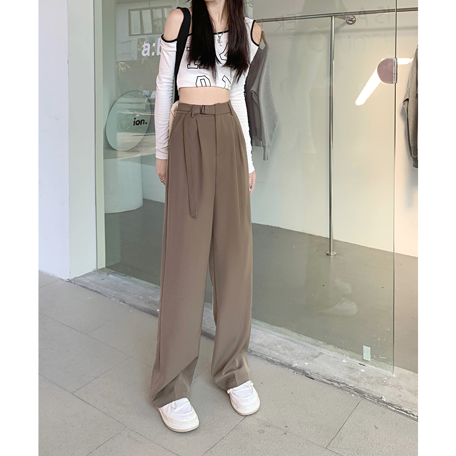 EUNII Celana Panjang Wanita Loose High Waist Hitam Pants Korean Style