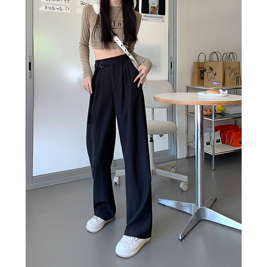 EUNII Celana Panjang Wanita Loose High Waist Hitam Pants Korean Style