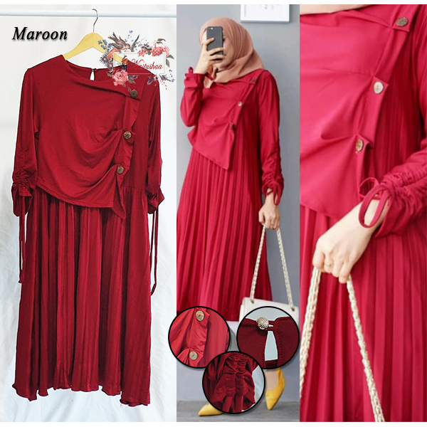 Top Tunik Plisket Terbaru Atasan Wanita Bahan Soltice Lengan Serut Depan Layer Variasi Kancing Batok Kelapa Fashion Muslim Kekinian