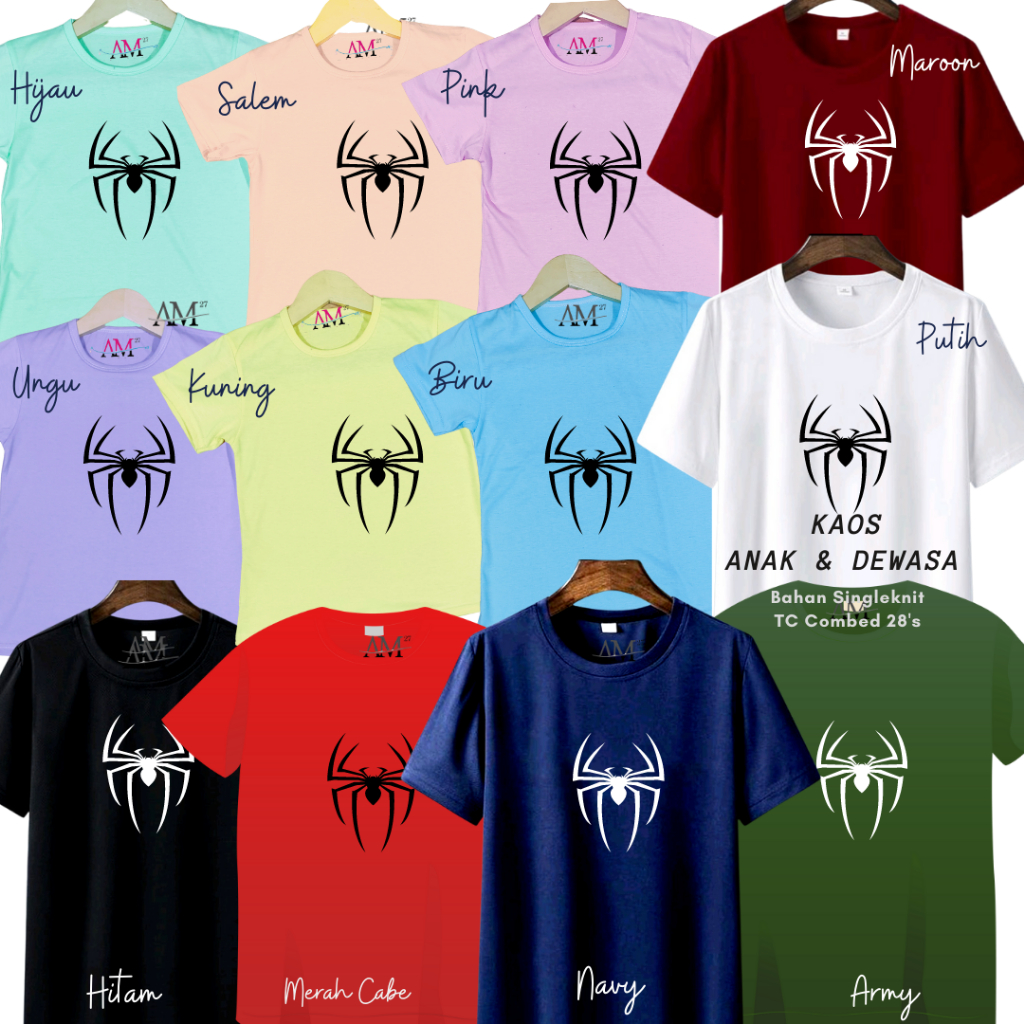 KAOS ANAK COWOK 3-12 TAHUN - REMAJA - DEWASA SPIDER-LABA 12WARNA