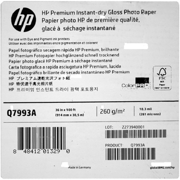 

HP Premium Instan-dry Gloss Photo Paper Q7993A 261microns(10.3mil) 260g/m2 914mm x 30,5m