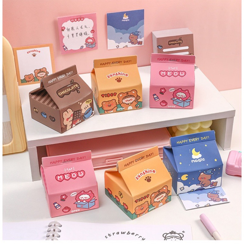 

1 buah sticky notes memo pembatas buku bentuk kotak susu warna biru pink coklat kuning yellow blue pink brown chocolate coklat lucu mirah imut kawaii alat tulis