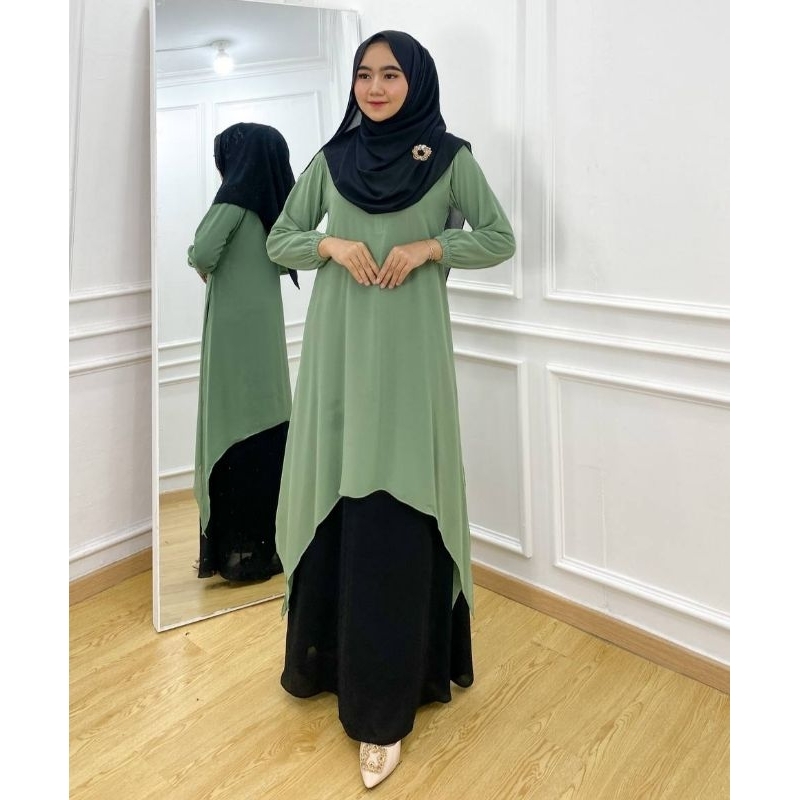 Gamis Malaysia Kombinasi Ceruty Babydoll Premium Dress Runcing Mix Warna Baju Kurung Melayu Set Keba