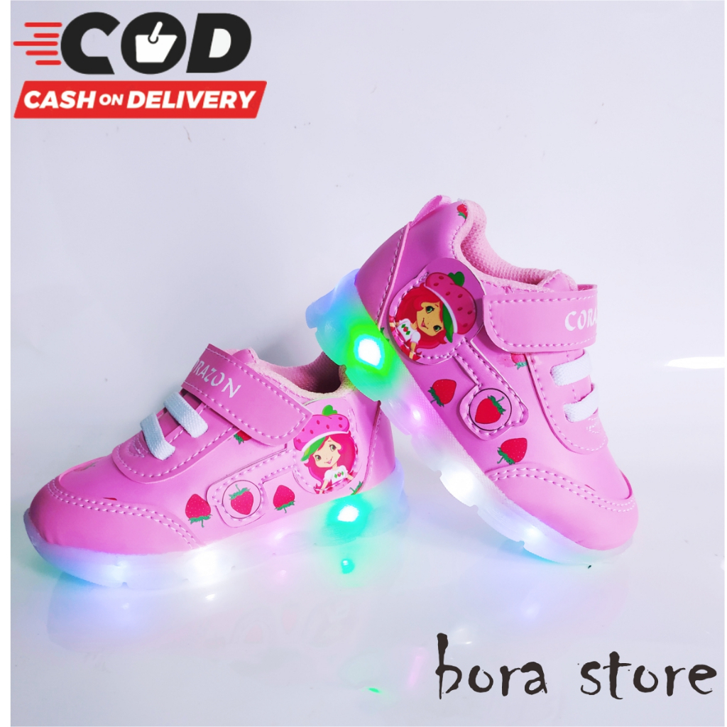 Sepatu Sneakers Anak Perempuan LED Motif Printing strawbery/ Sneakers Anak MENYALA Best Seller