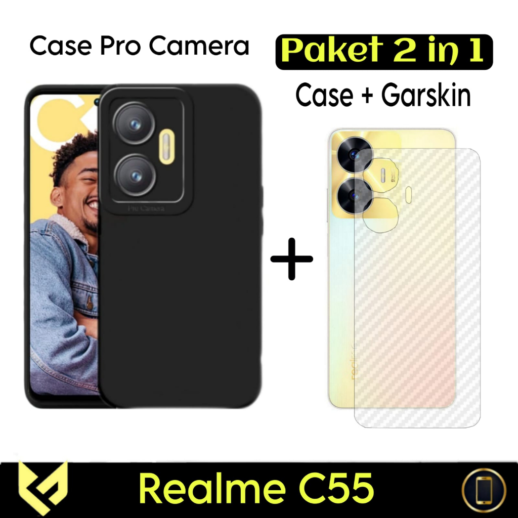 PROMO Paket 3IN1 Case Pro Camera Black For REALME C55 SoftCase Premium Black Free Tempered Glass Camera &amp; Garskin - FIDS STOR