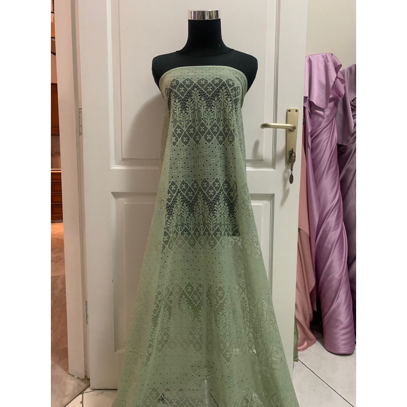 Bahan Kain Brokat Brukat Lace Renda Halus Motif Padi Kecil Lolita Warna Hijau Sage Green