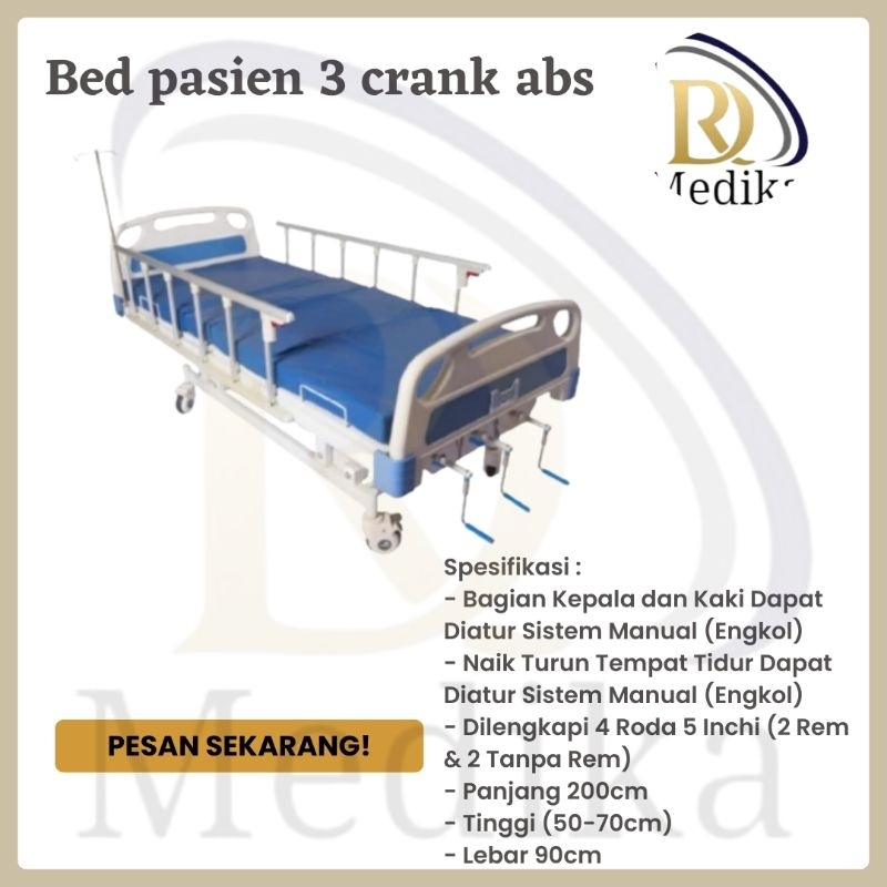 Bed pasien 3 crank abs/Tempat tidur pasien/Ranjang pasien