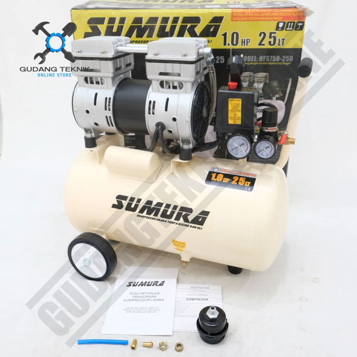 Mesin Kompresor Angin Tanpa Oli 1HP Kapasitas 25 Liter OFS750-25 SUMURA / Air Compressor Portable Oilless Kompresor Listrik 1Hp 25L OFS 750-25 SUMURA