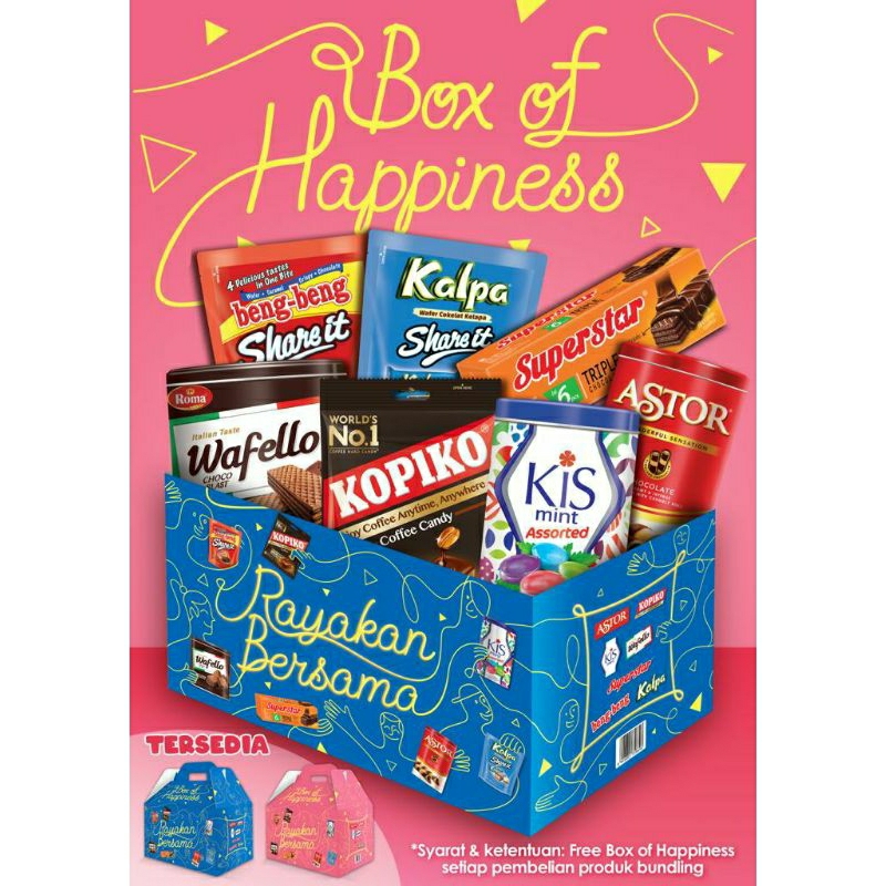 box of happiness paket hampers lebaran mayora murah dan enak, cantik dan  cocok untuk idul fitri terdiri dari beng beng,kopiko,wafello,astor dan superstar