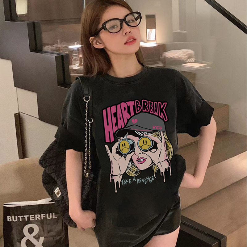 Print Washed T-shirt Kaos Lengan Pendek Oversize Hitam Vintage Pink Heart Break Korean Style Atasan Wanita