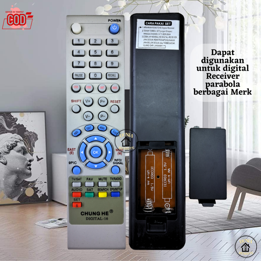 Remot Remote Digital Receiver Parabola Chung HE Digital-16 all merk (advante, briston,Gmc, Indovision, dll)