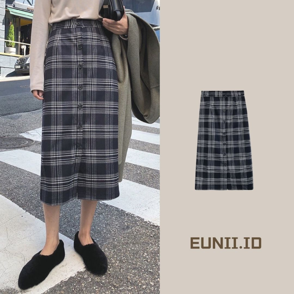 EUNII Midi A-line Skirt Rok Kotak-kotak High Waist Skirt Korean Style