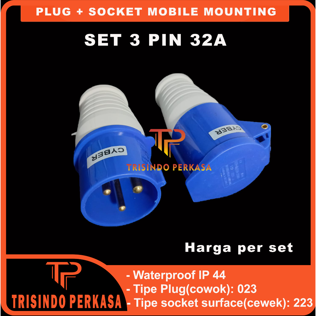 Plug Steker Socket industri/Industry Mobile Mounting 3 Pin 3P 32A (023 + 223) IP44 3 Kaki 3Kaki 32 Ampere