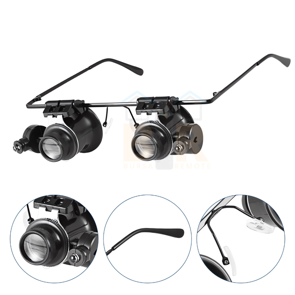 Kacamata Pembesar Reparasi Service Jam Tangan Permata Diamond 20x Magnifier Dengan 2 Lampu Led
