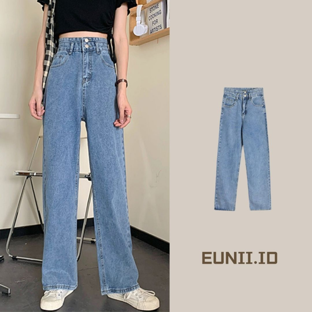 EUNII Celana panjang wanita Loose Celana Jeans Wanita High Waist Straight Jeans Biru Pants Korean Style