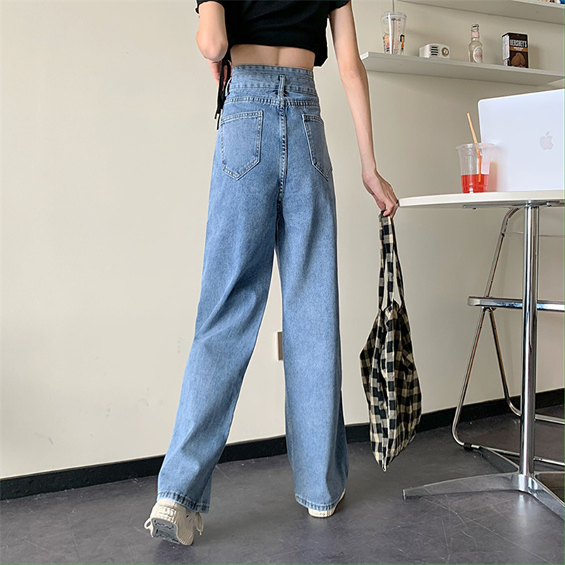 EUNII Celana panjang wanita Loose Celana Jeans Wanita High Waist Straight Jeans Biru Pants Korean Style