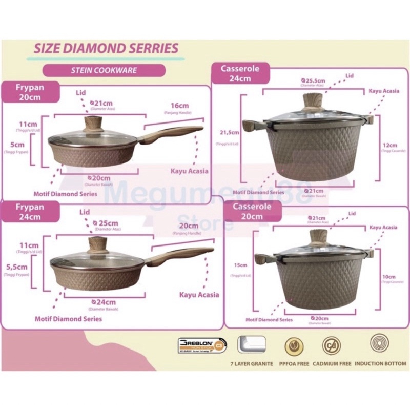 STEINCOOKWARE DIAMOND SET SERRIES GRANITE PAN CASSEROLE + FRYPAN + LID  [[FREE PRODUC STEIN]]