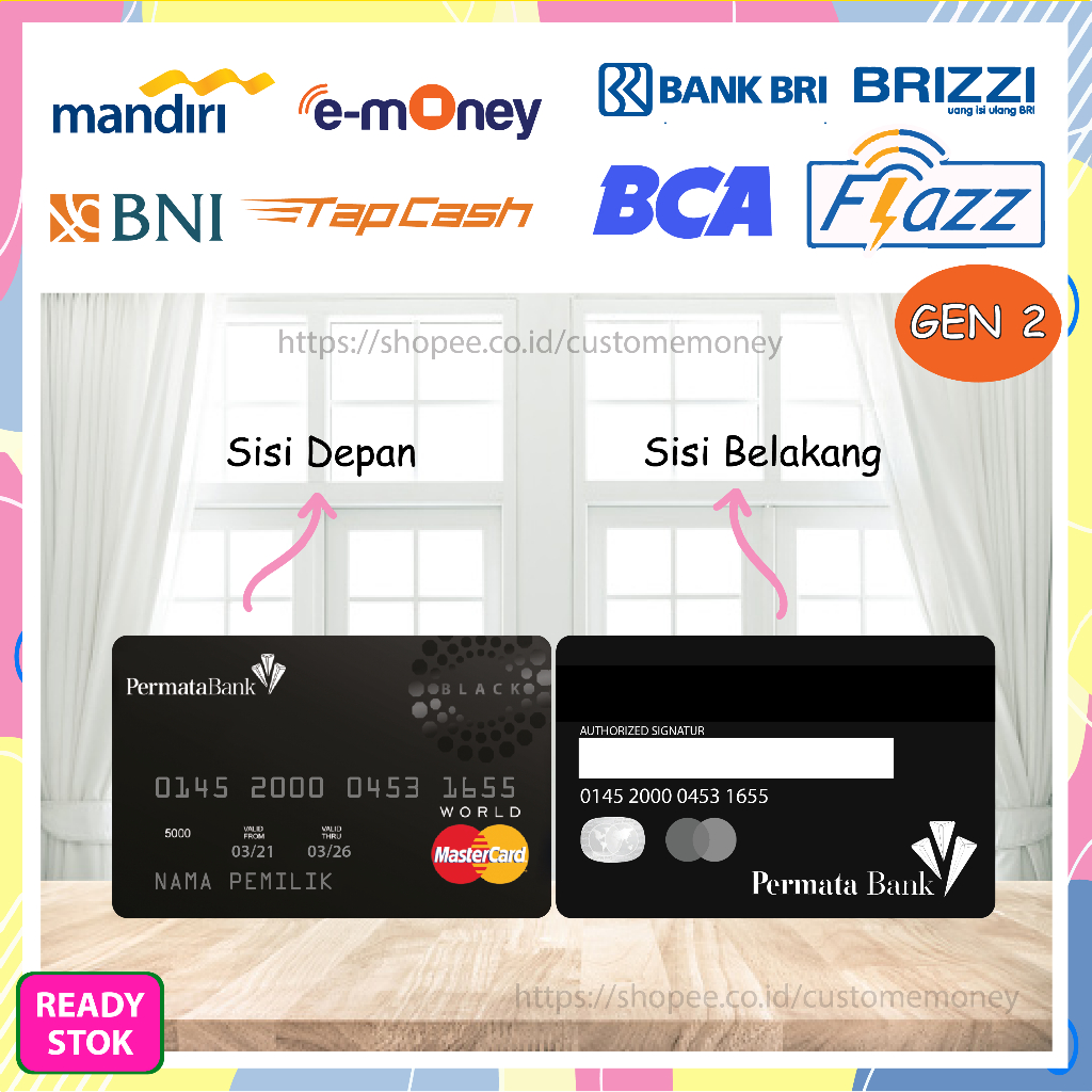 KARTU EMONEY DESIGN KARTU PERMATA BANK KEREN ETOLL E-MONEY MANDIRI FLAZZ GEN 2 TAPCASH BRIZZI - 2 SISI