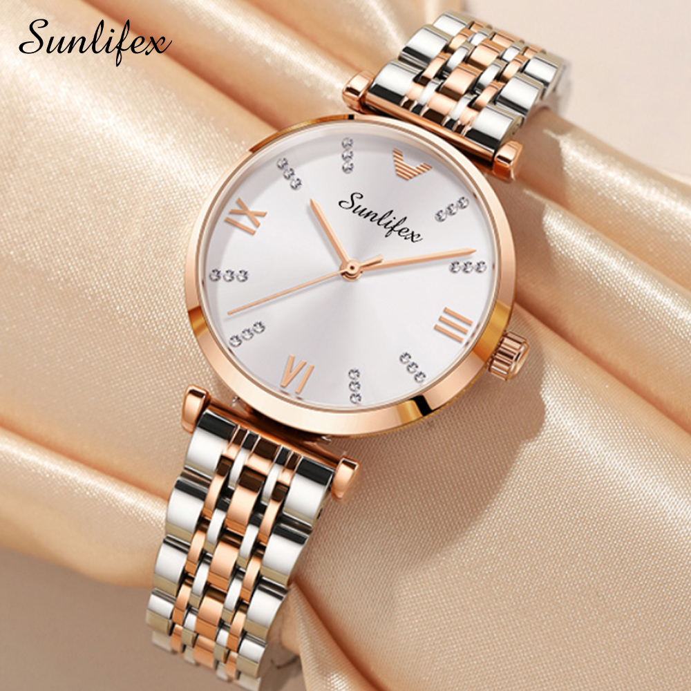 Sunlifex Jam Tangan Wanita Berlian 9018 Original Anggun Santai Wanita Tali Stainless Steel Jam Tangan Cewek-1